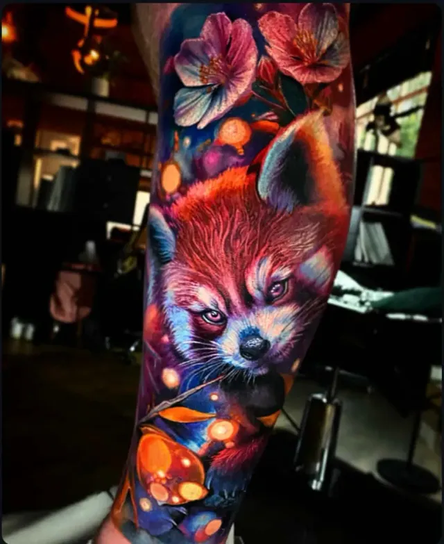 Vibrant, colorful tattoo of a red panda among flowers and glowing orange lights on someone's arm.